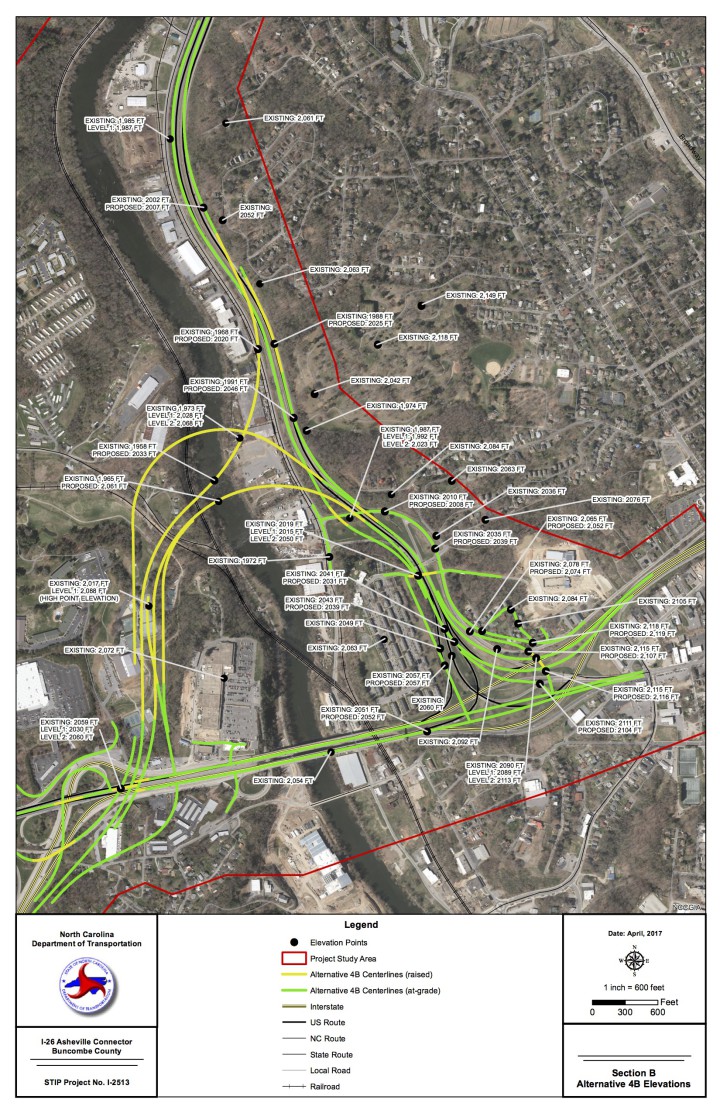 ELEVATED CONCERNS: The maps above shows the current design template for Alternative 4B, complete with elevation estimates for various roadways and bridges. Green lines indicate new road configurations at grade; yellow lines represent elevated roadways that would be constructed. Map via NCDOT.