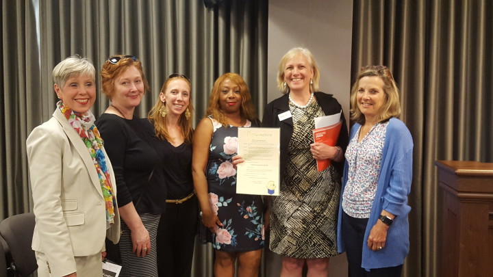 The YWCA of Asheville is celebrating its 110th anniversary this year. County commissioners proclaimed May as YWCA Asheville Month. In the photo L to R: Dr. Bobbie Short, Leslie Fay, Nona Workman, Lyndia Chiles, Beth Maczka and Ellen Frost. Photo by Lauren Weldishofer
