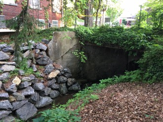 GOING UNDERGROUND: A stone culvert that runs under Edwin Place could be over a century old, engineers say, and it may be collapsing internally, blocking the flow of water and contributing to street flooding. Photo by Virginia Daffron