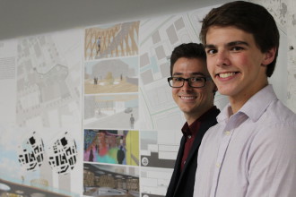 Colin Bland (left) and John Owens said that, while they would call a design studio project "fun," they enjoyed the opportunity to gain real-world experience with a challenging site. Photo by Virginia Daffron