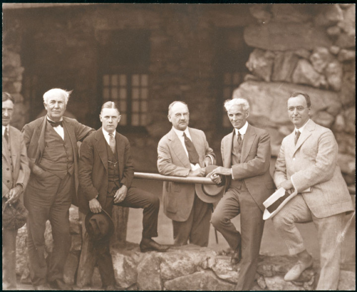 AMONG CELEBRATED NAMES: Jealousy played a large role in the Grove-Seely family feud. In part, Grove was envious of the celebrities his son-in-law became acquainted with while managing the Grove Park Inn. Photographed here (fro left), Harvey Firestone Sr., Thomas Edison, Harvey Firestone Jr., Horatio Seymour, Henry Ford and Fred Seely. Photo courtesy of North Carolina Collection, Pack Memorial Public Library, Asheville, North Carolina
