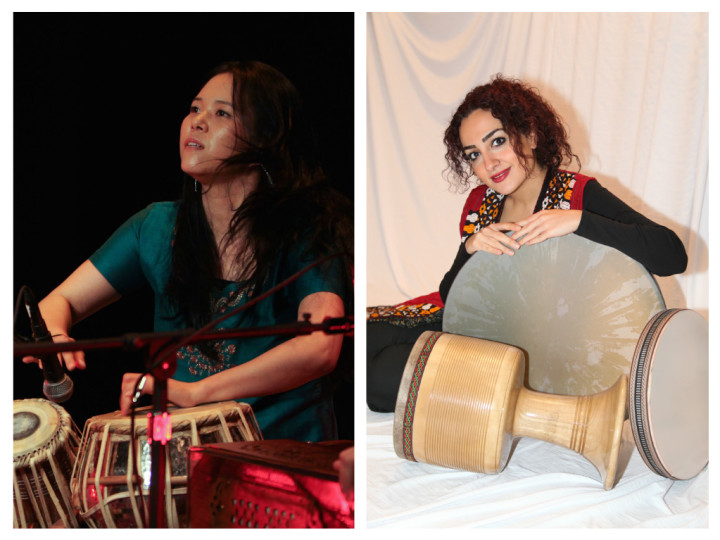 MOSAIC OF RHYTHM: “All of the teaching artists I pick, whether they’re from Senegal or India or Brazil, are willing to mix their stuff with other cultures and collaborate,” says River Guerguerian. This year’s festival includes Korean kathak dancer and tabla player Jin Won, left, and Iranian percussionist Naghmeh Farahmand, right. Photos courtesy of the musicians
