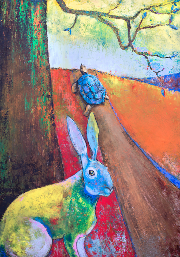 THE TORTOISE AND THE HARE: Bettis' painting emphasizes the fable's message that the race is not always to the swift, but the persistent. 
