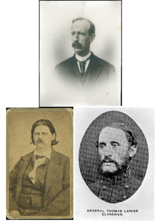 MEN BEHIND THE MONUMENTS: Zebulon Vance (bottom left), Thomas Clingman (bottom right) and Thomas Patton (top) helped to build Asheville into the booming city it is today, but often did so by exploiting African Americans for fianancial or political gain, orespousing racist rhetoric. Their complicated lagacies continue to haunt the landmarks that commemorate them. Images courtesy of the North Carolina Room, Pack Memorial Library 