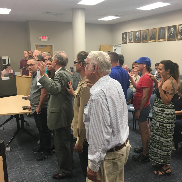 I SWEAR: Board of Adjustment meetings are quasi-judicial and those wishing to speak are sworn in. Almost 30 Ridgecrest resident showed up to opposed an amended conditional use permit for a ministry program.