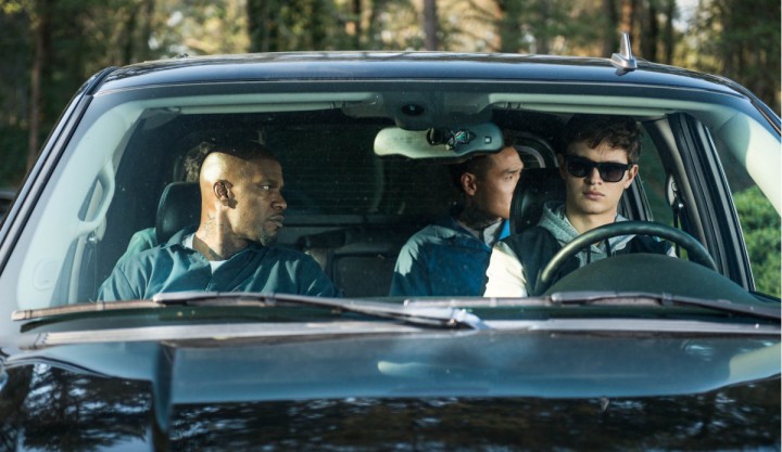 Baby (ANSEL ELGORT, front right), Bats (JAMIE FOXX, front left), JD (LANNY JOON, back right), Eddie (FLEA BALZARY, back left) wait in the car in TriStar Pictures' BABY DRIVER.