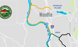 RIVER ROUTE: The Woodfin Greenway and Blueway follows the French Broad River for 3.5 miles before turning east to trace Beaverdam Creek to the center of Woodfin. Graphic courtesy of the Friends of the Woodfin Greenway and Blueway