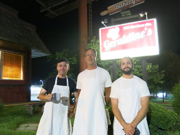 TIME WAITS FOR NO DONUT: At Geraldine's Bakery work begins at 3 a.m. Starting left, Ryan "RJ" McCarthy, Fred Dehlow and Matthew Bruno. Photo by Thomas Calder