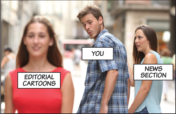 "Distracted Boyfriend" meme  with captions by Xpress editorial staff