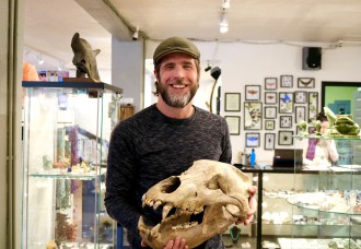ROCKIN' THE PAST: Greg Turner, owner of Cornerstone Minerals, holds a fossilized cave bear skull from Romania that dates back at least 2 million years. Photo by Carolyn Morrisroe