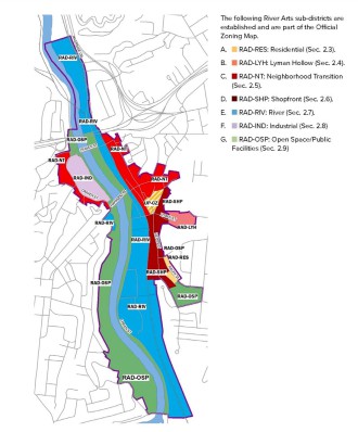 RAD ZONING: This graphic from the city of Asheville shows the seven new zoning districts in the River Arts District form-based code.