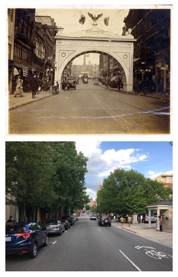 NOW AND THEN: A look at the present day location of the former victory arch. Top photo courtesy of North Carolina Collection, Pack Memorial Public Library, Asheville. Historical and location research and bottom photo by Will McLeod
