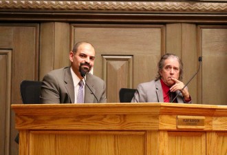 OLD AND NEW: Vijay Kapoor, left, now joins Brian Haynes on the dais at in the City Council chamber. Photo by Carolyn Morrisroe 