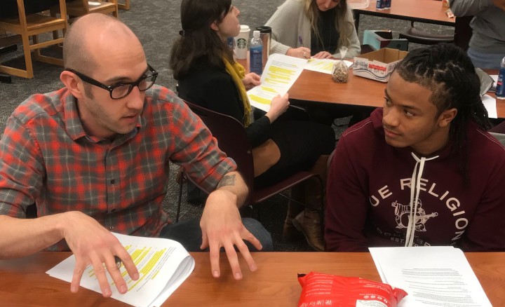 LISTEN UP: Community volunteer Michael Prault talks with Dana Campbell, a senior at SILSA. Campbell participated in the listening project as both an interviewer and a student providing input. Photo courtesy of Asheville City Schools Foundation
