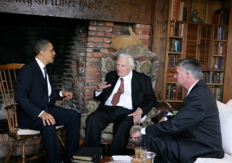 President Obama visits with Billy Graham and his son Franklin at Billy's home in North Carolina on April 25, 2010. Photo courtesy of the Billy Graham Evangelistic Association