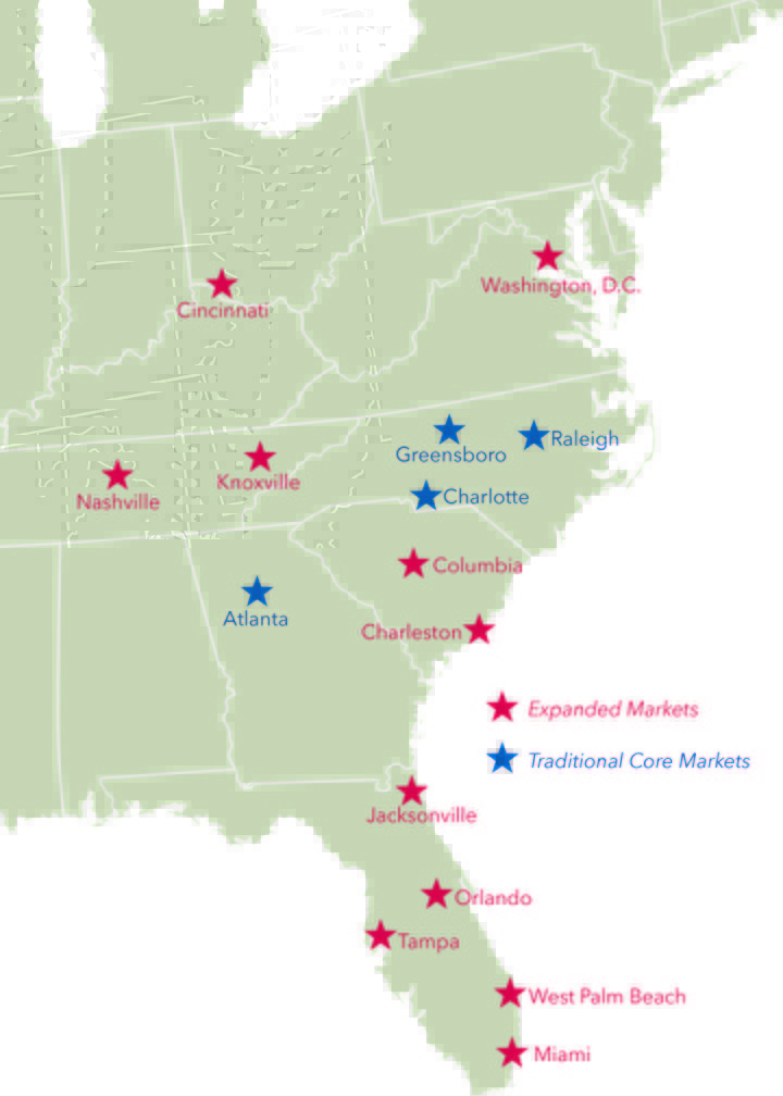 MEDIA MARKETS: The map reflects Explore Asheville's television markets in the current fiscal year. Explore Asheville will also run national ads on HGTV, The Weather Channel and Travel Channel. Image courtesy of Explore Asheville 
