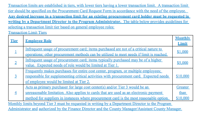 TIERING UP: A screenshot of the county’s revised procurement card policy. One of the proposed revisions to the policy involves setting limits on spending through a system of tiers. Courtesy of Buncombe County