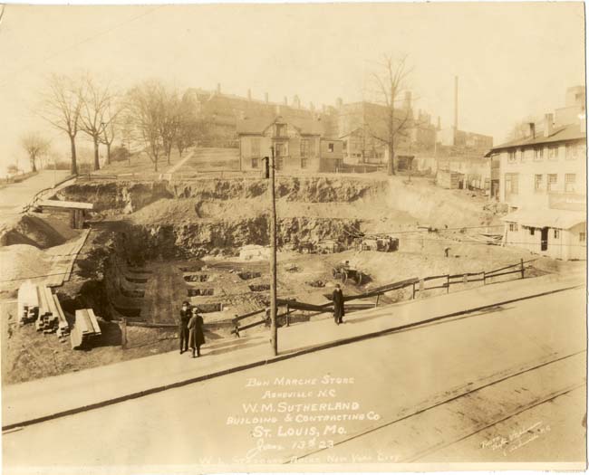CONSTRUCTION UNDERWAY: Taken in January 1923, this image shows the early stages of construction on the new Bon Marche (present-day Haywood Park Hotel and Isa’s Bistro). Photo courtesy of North Carolina Collection, Pack Memorial Public Library, Asheville 