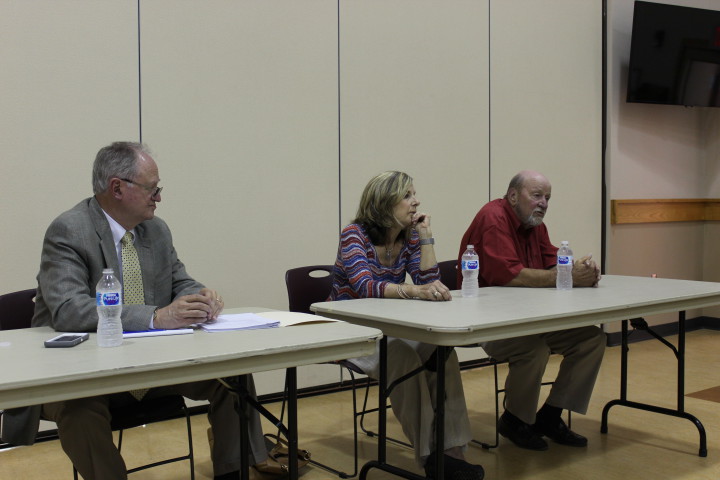 THE HOT SEAT: Interim manager George Wood as well as District 2 commissioners Ellen Frost and Mike Fryar answered questions Thursday during an input session conducted as part of Buncombe County’s search for the next county manager. Photo by David Floyd