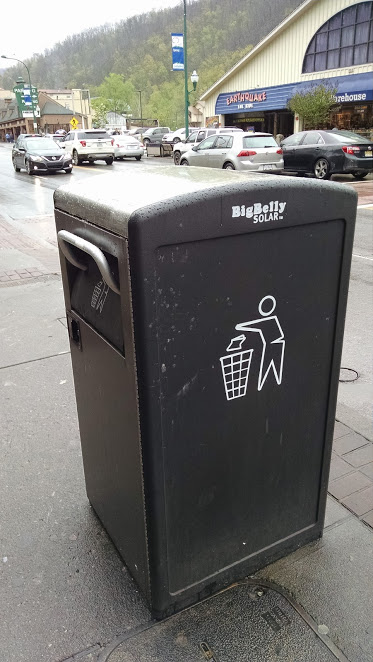 TRASH  TECHNOLOGY:  The city of Gatlinburg's BigBelly trash cans use solar-powered compactors. Photo by Nan K. Chase