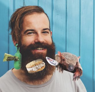 Bearded man with assorted objects