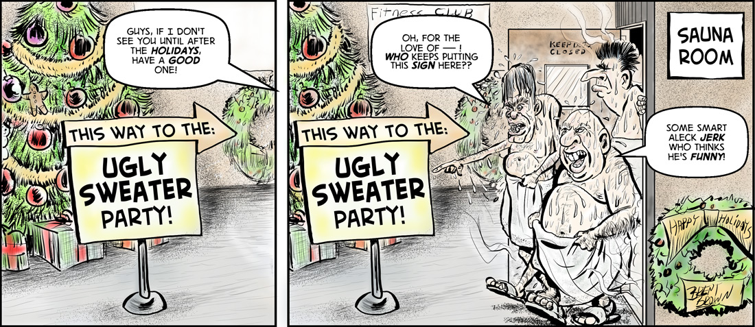 "Ugly Sweater Party" cartoon by Brent Brown