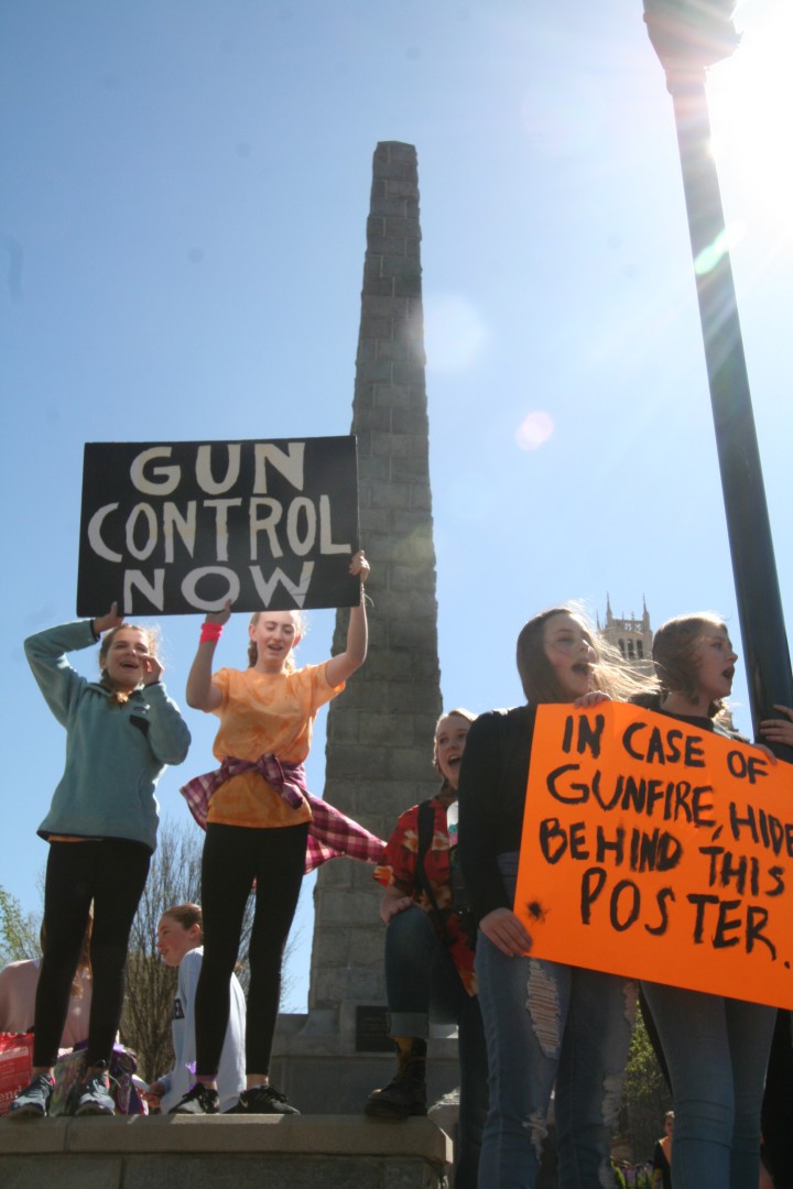 Student protestors with signs in front of Vance Monument