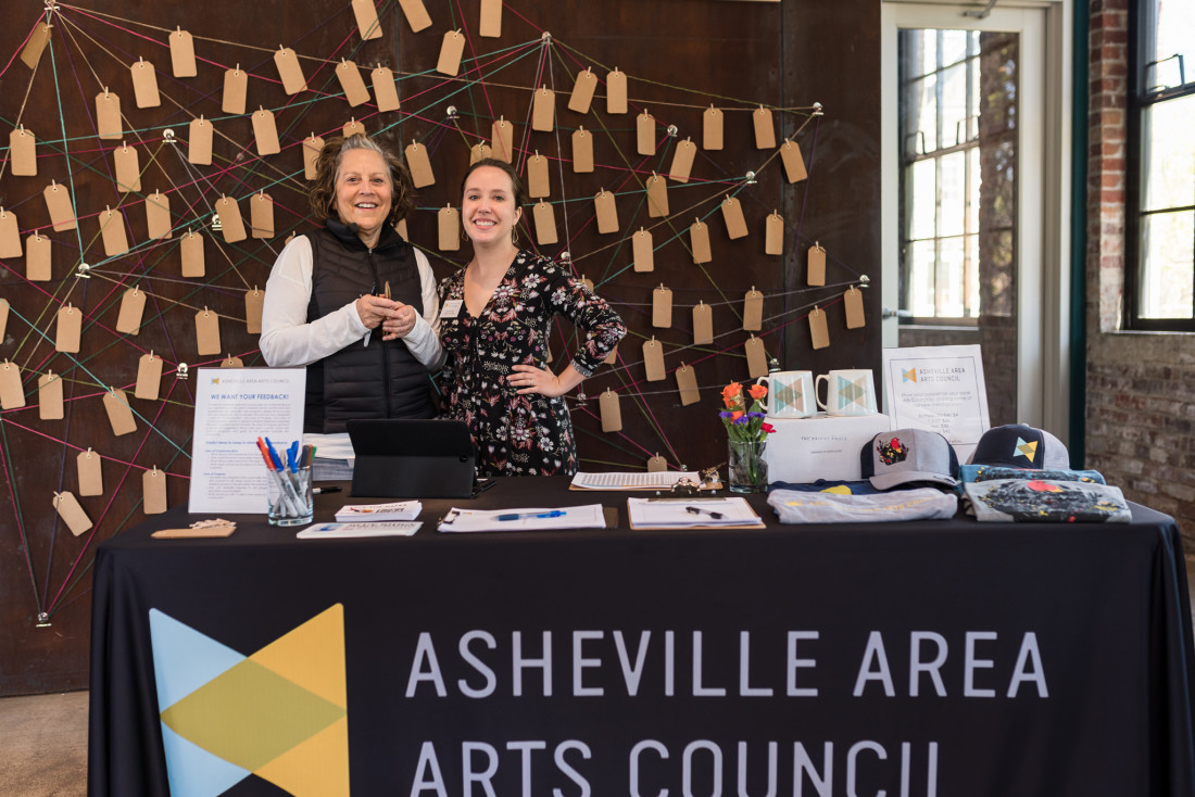 Asheville Area Arts Council board member Eunice Ward (left) and program manager Mamie Fain (right) collect feedback from the community during the Creative Sector Summit Resource Happy Hour.