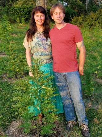 woman and man stand outdoor with hemp plant in foreground.