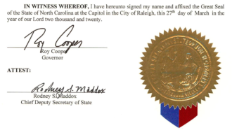 North Carolina state seal with Cooper signature