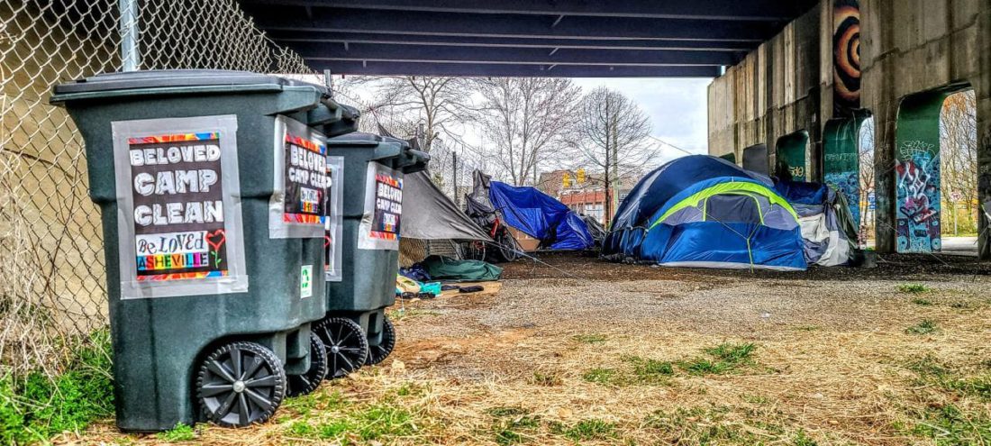 Trash bins at Lexington Avenue homeless camp